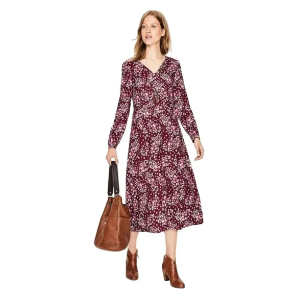Boden Easy Midi Dress Mulled Wine Autumnal Leaves Burgundy Floral Soft Size 6P - Picture 1 of 6